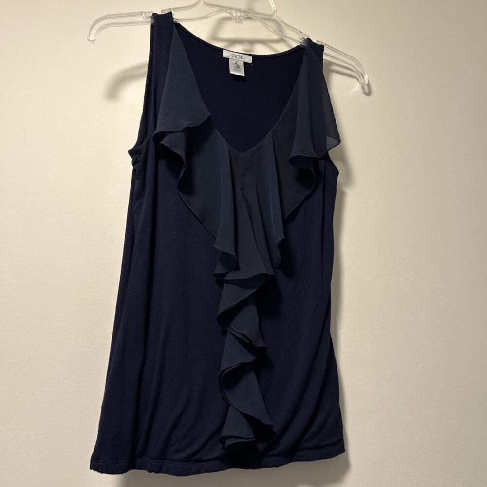 Cache Top womens size XS sleeveless black Jersey Chiffon Waterfall Ruffle Witchy